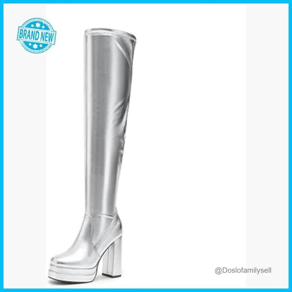 Platform Over The Knee Boots Chunky Heels Square Toe Y2K Gogo Style